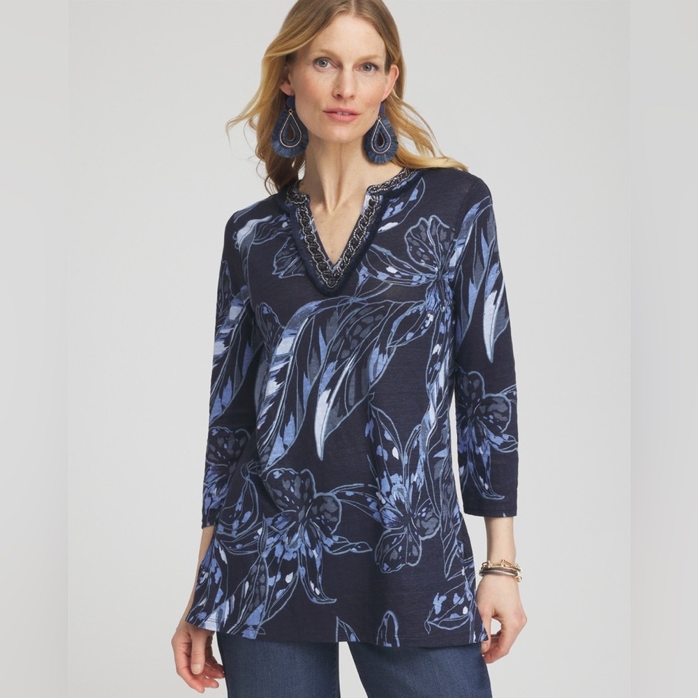 Chico’s Linen Floral Embellished Tunic